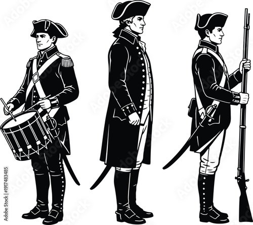 Принти на полотні Silhouetted Revolutionary War Soldiers with Drum, Sword, and Spear in Historic Military Uniforms and Tricorn Hats on White Background