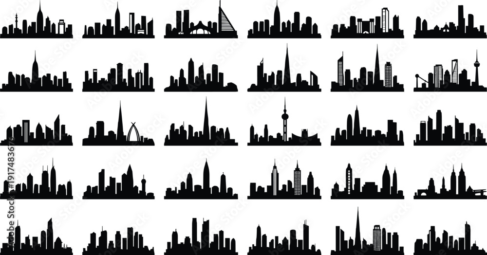 Fototapeta premium City skyline silhouettes collection isolated on white background, featuring modern urban skylines, famous landmarks, downtown architecture panorama set