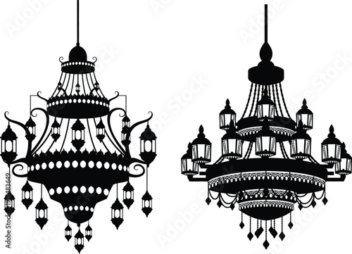 A pair of elegant chandelier earrings with intricate details and hanging ornaments.