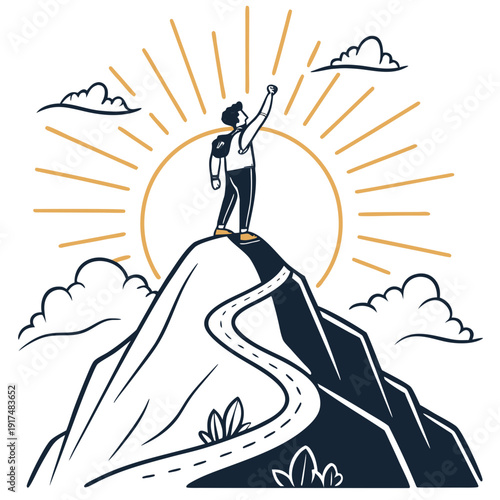 Person standing on top of a mountain with the sun rising