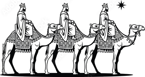 Three Wise Men Riding Camels Silhouette Vector, Biblical Magi Journey, Christmas Nativity Scene, Religious Holiday Art, Black and White.