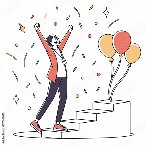 A person celebrating on the stairs with balloons and confetti