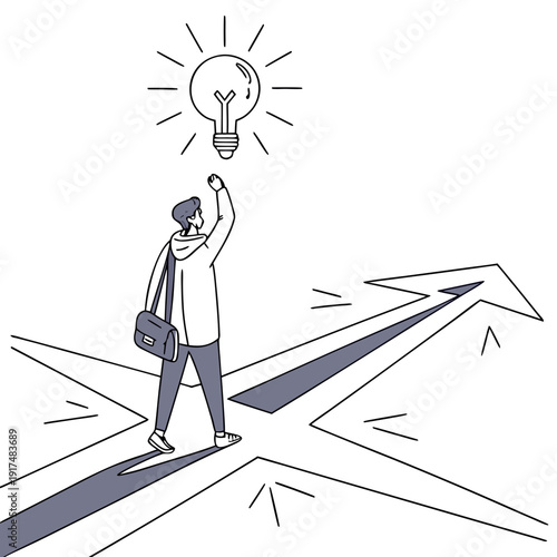 A person having an idea at a crossroads
