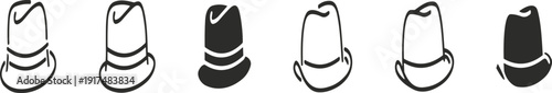 Hat icons, stylized sequence, outlined design, solid black, fashion symbol, headwear clipart, pattern recognition, vector illustration, style variation, accessory graphic