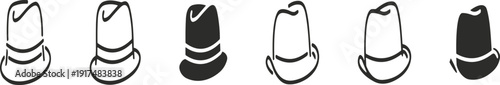 Hat icons, stylized sequence, outlined design, solid black, fashion symbol, headwear clipart, pattern recognition, vector illustration, style variation, accessory graphic
