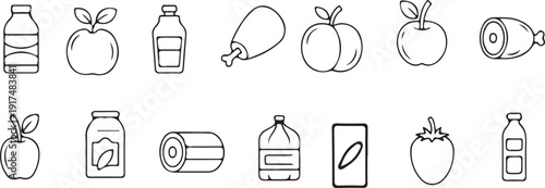 A collection of simple line drawings of various food and drink items