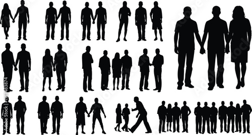 Couples and people silhouettes set, men women holding hands and standing together, relationships and social interaction concept, black vector illustration
