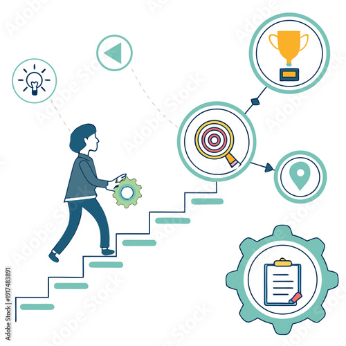 A man climbing stairs with various business icons around him