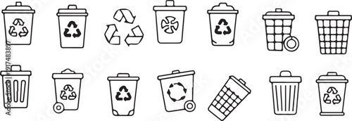Variety of trash cans and recycling bins illustrations