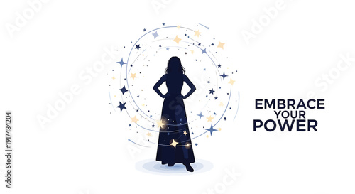 Empowerment silhouette vector graphic with starry aura, Embrace Your Power motivational phrase.