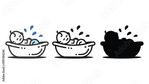 Illustration of a baby taking a bath in three different styles.