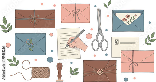 Hand drawn stationery and mail elements set with envelopes, letters, scissors, and twine for correspondence and creative craft flat vector illustration