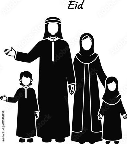 A family of four dressed in traditional clothing celebrating eid together.