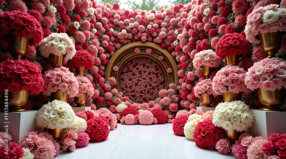 Fototapeta premium A lavish, symmetrical floral installation features a golden circular frame set against a dense wall of red, pink, and white blooms.