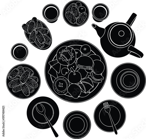 A collection of kitchen utensils and cookware arranged in a circular pattern on a white background.