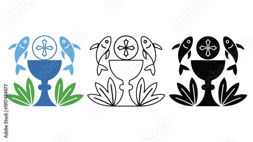 Christian symbols of a chalice, fish, and cross represent communion.
