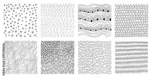 Hand-drawn crosshatch patterns with organic line textures vector illustration set. Sketch-style hatching creates depth through pencil strokes, perfect for artistic backgrounds and crosshatch designs.