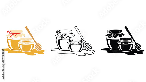 Three different styles of honey jars with dippers are displayed.