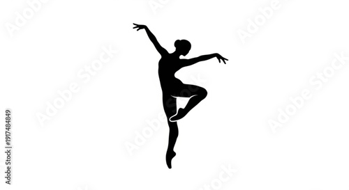 Silhouette of a dancer in a dynamic pose with arms outstretched and leg raised on a plain white background conveying movement and freedom