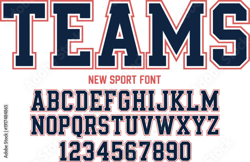 Bold sport font with navy blue and red outline letters and numbers