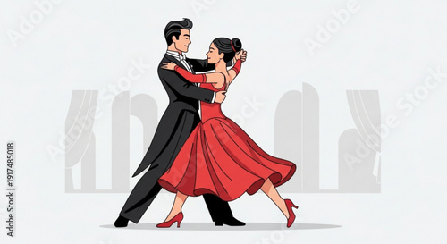 Couple dancing tango together in elegant attire against city skyline silhouette background