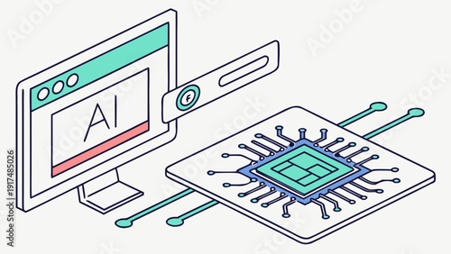 Modern computer with AI on screen next to microchip
