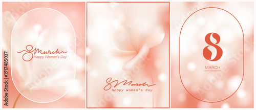 Spring ethereal gentle pink and white magnolia flower. Blurred unfocused background with flower and bokeh. Soft gradient. Delicate macro botanical, natural vector illustration. 8 March lettering.
