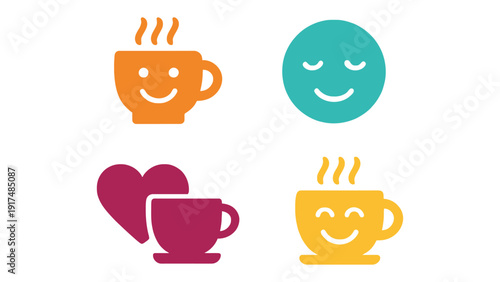 Four colorful icons representing happiness, coffee, and love on a white background.