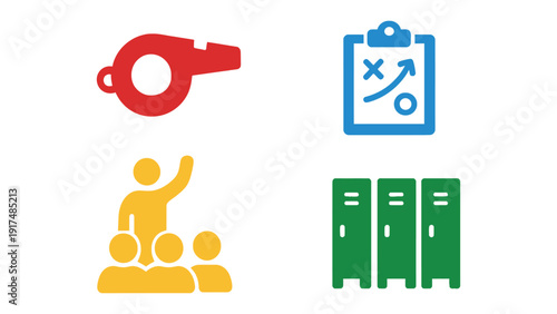 Sports icons including a whistle, clipboard, team, and lockers.