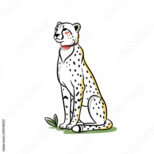 Cheetah Sitting Illustration with Red Collar.