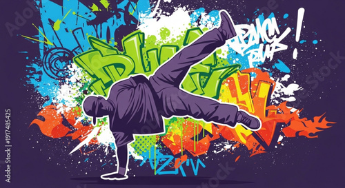 Breakdancer in dynamic motion with vibrant graffiti background urban street art style colorful illustration