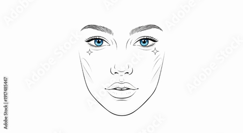 Black and white face outline with vibrant blue eyes and sparkle accents