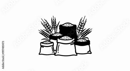 Bags of grain with wheat stalks