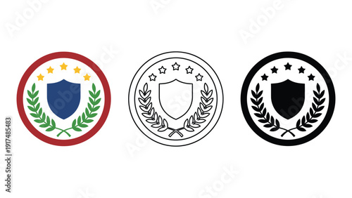 Three circular emblems featuring a shield, laurel wreath, and stars.