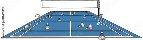 Badminton court with shuttlecocks scattered across blue surface