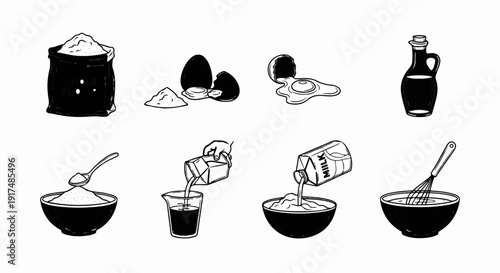 Baking ingredients and preparation steps illustrated in black and white