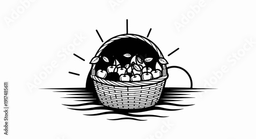 Basket overflowing with ripe cherries in front of a bright sunburst