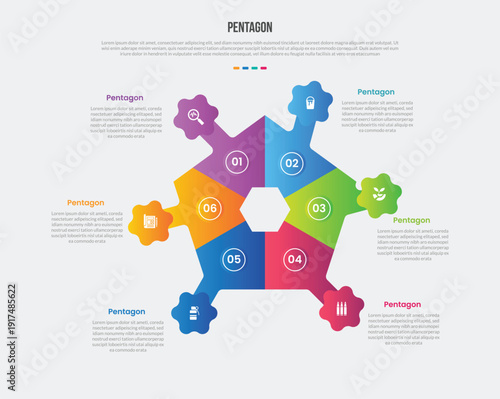 pentagon or pentagonal base shape infographics gradient template diagram with gear outside linked with center shape with 6 point step creative