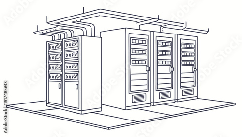 Modern server room with network equipment and cables