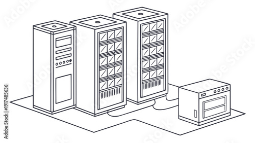 Modern data center with server racks and a cooling unit, representing technology and infrastructure.