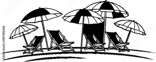 Beach scene with multiple umbrellas and lounge chairs on the sand