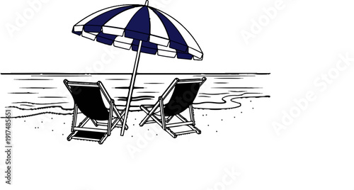 Beach scene with two chairs under a striped umbrella by the ocean