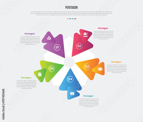 pentagon or pentagonal base shape infographics gradient template diagram with sharp arrow centered direction with pointy sharp arrow with 5 point step creative