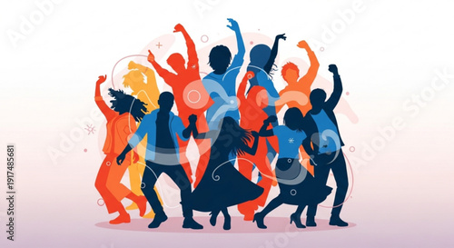 Diverse group of people dancing together in colorful silhouette joyful celebration with raised arms and happy expressions on white background