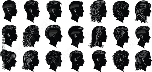 Men and women hairstyle profile silhouettes collection isolated on white background, featuring modern haircuts, fashion styles, side view heads