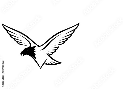 Black and white graphic of a bird of prey in flight