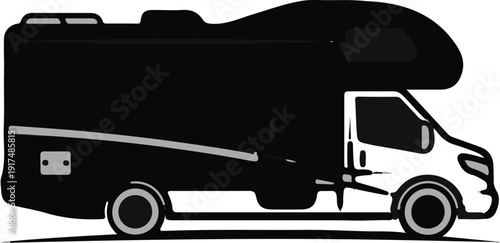 Black and white cartoon of a recreational vehicle on a road