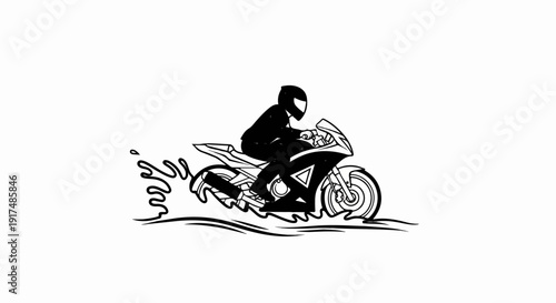 Black and white graphic of a rider on a sportbike with stylized water splashes