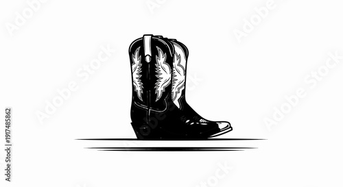 Black and white cowboy boot with decorative stitching, on white background