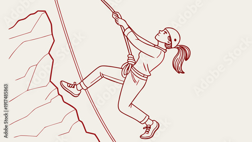 Woman confidently rappelling down a steep rock face with determination and focus